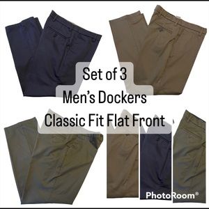 Mens 34 L 30 W Dockers Classic Fit Flat Front Pant SET OF 3 Brown Navy Olive